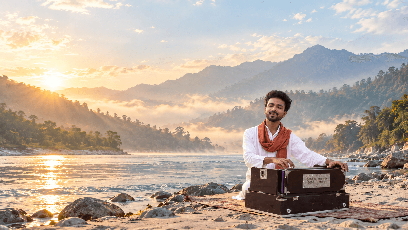 Jayant Kumar playing the harmonium on a riverbank at sunrise, with mountains and morning mist behind him